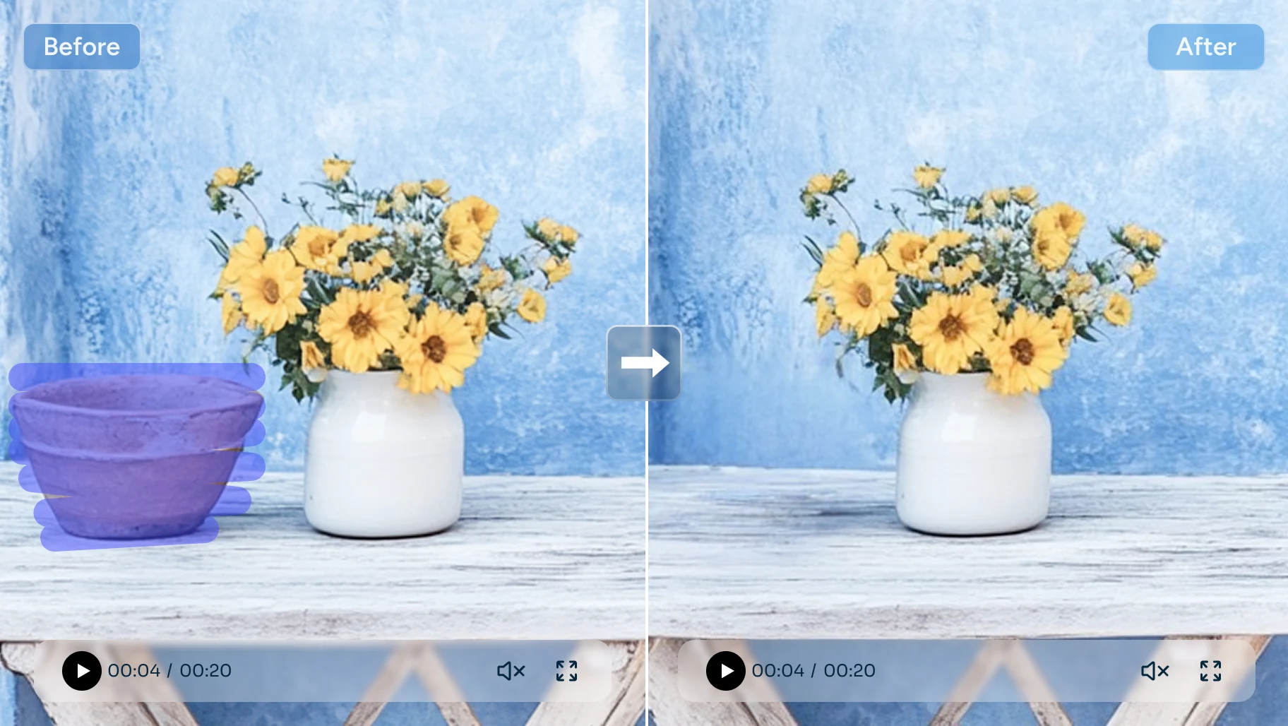 테이블 위의 꽃다발 옆에 있는 화분을 제거하기 전후 비교